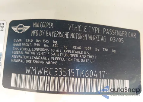 2005 Mini Cooper from USA, damaged, VIN WMWRC33515TK60417